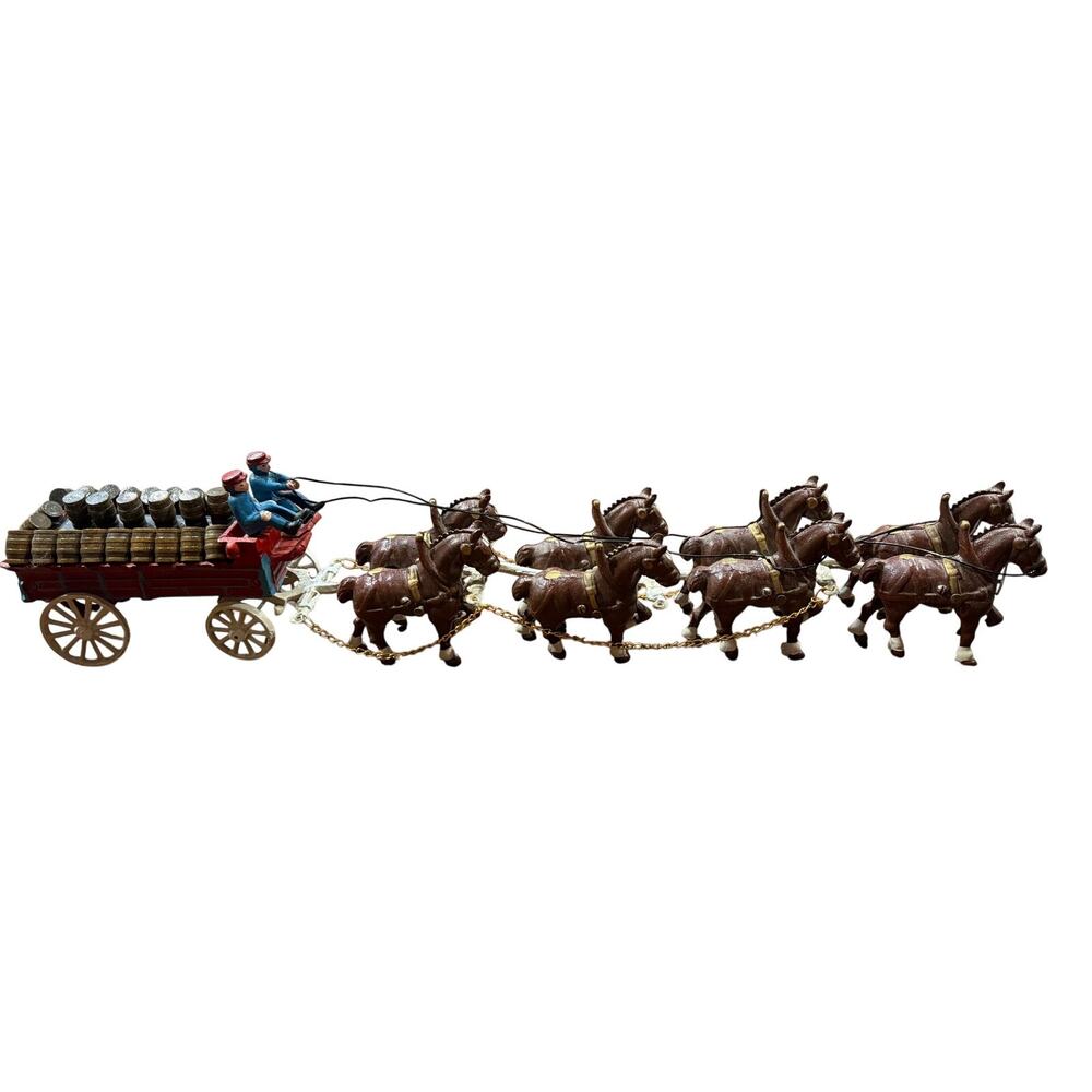 VTG Cast Iron 8 Clydesdales Wagon Team Men Dog 26 Wood Barrels Hitch Draft Horse